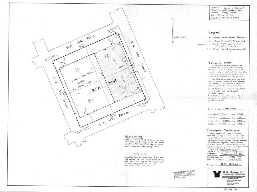 1988 boundary survey of 1030 SE 4th Street, Gainesville, FL, showing the 0.918-acre lot bounded by SE 10th Place, SE 4th Street, SE 11th Avenue, and SE 3rd Street