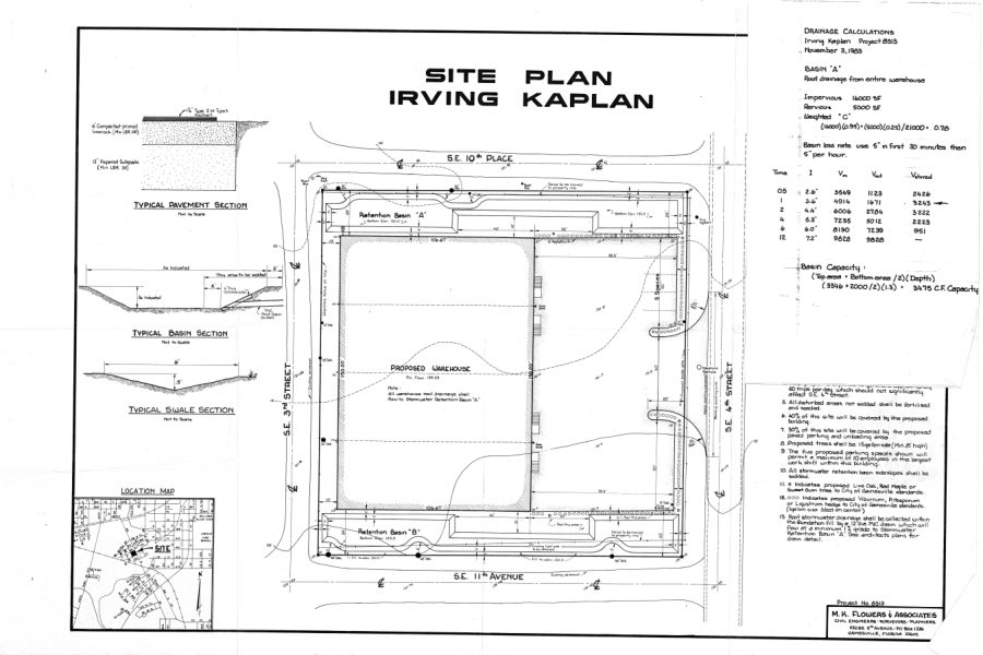 1983 site plan for the warehouse at 1030 SE 4th Street, Gainesville, FL, showing the building footprint, stormwater retention basins, and paved loading area